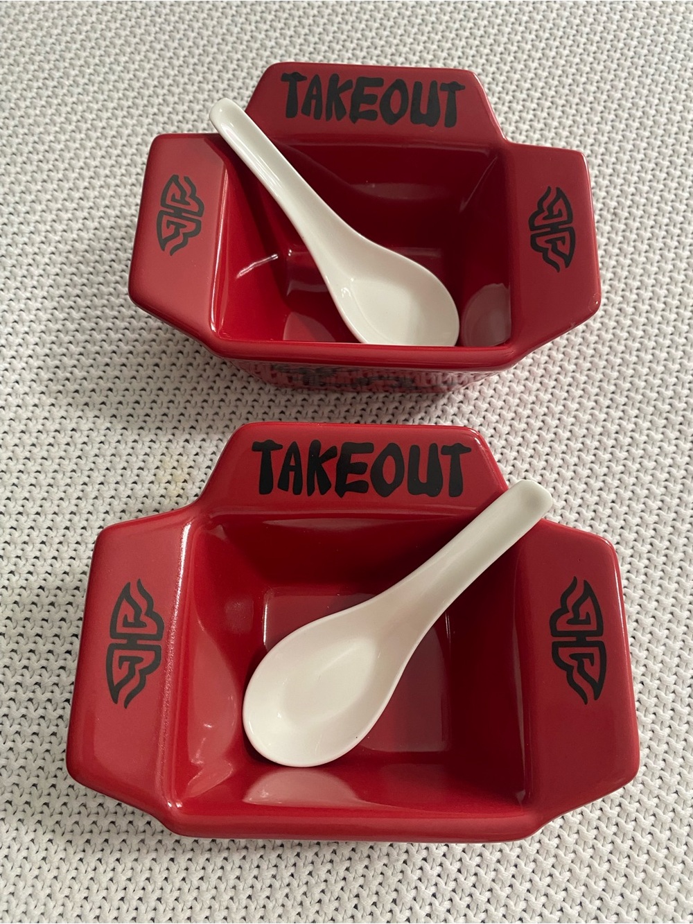 Cost Plus World Market Red Ceremic Takeout Dishes with White Spoons - Set of 2